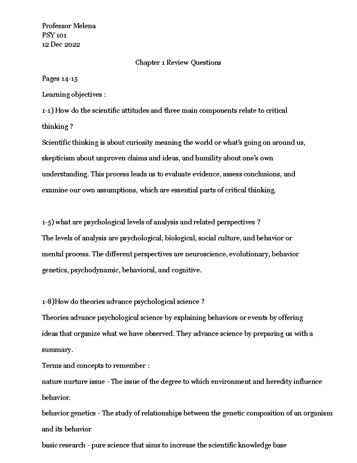 PSY 101: Chapter 1 Review Questions Answer Key and Concepts - Studocu