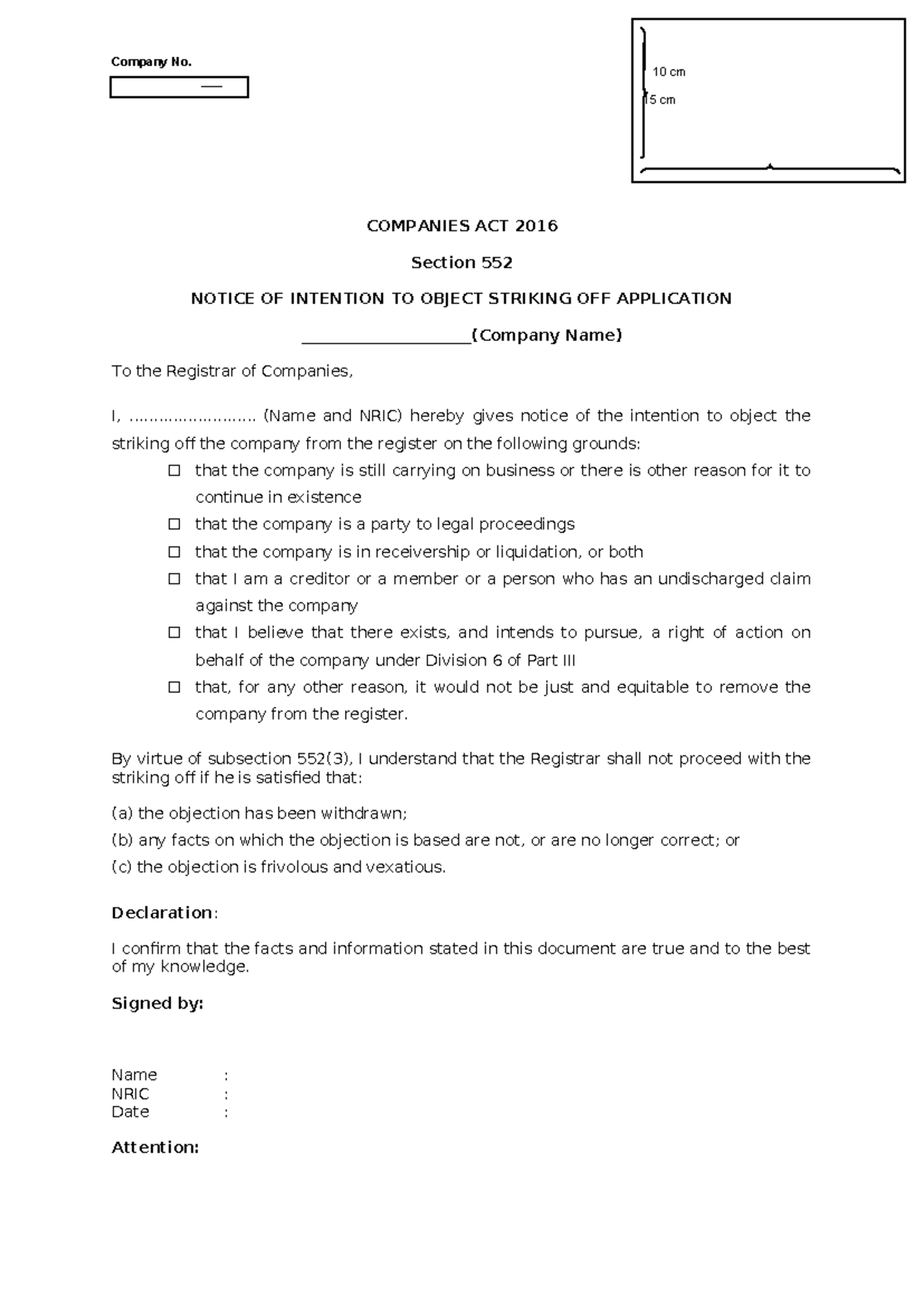 93 - SSM Form: Notice of Intention to Object to Striking Off - Studocu