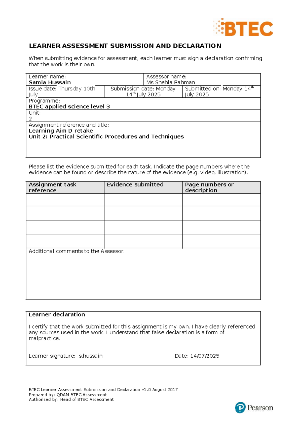 BTEC Level 3 Unit 2 Learner Assessment Submission & Declaration - Studocu