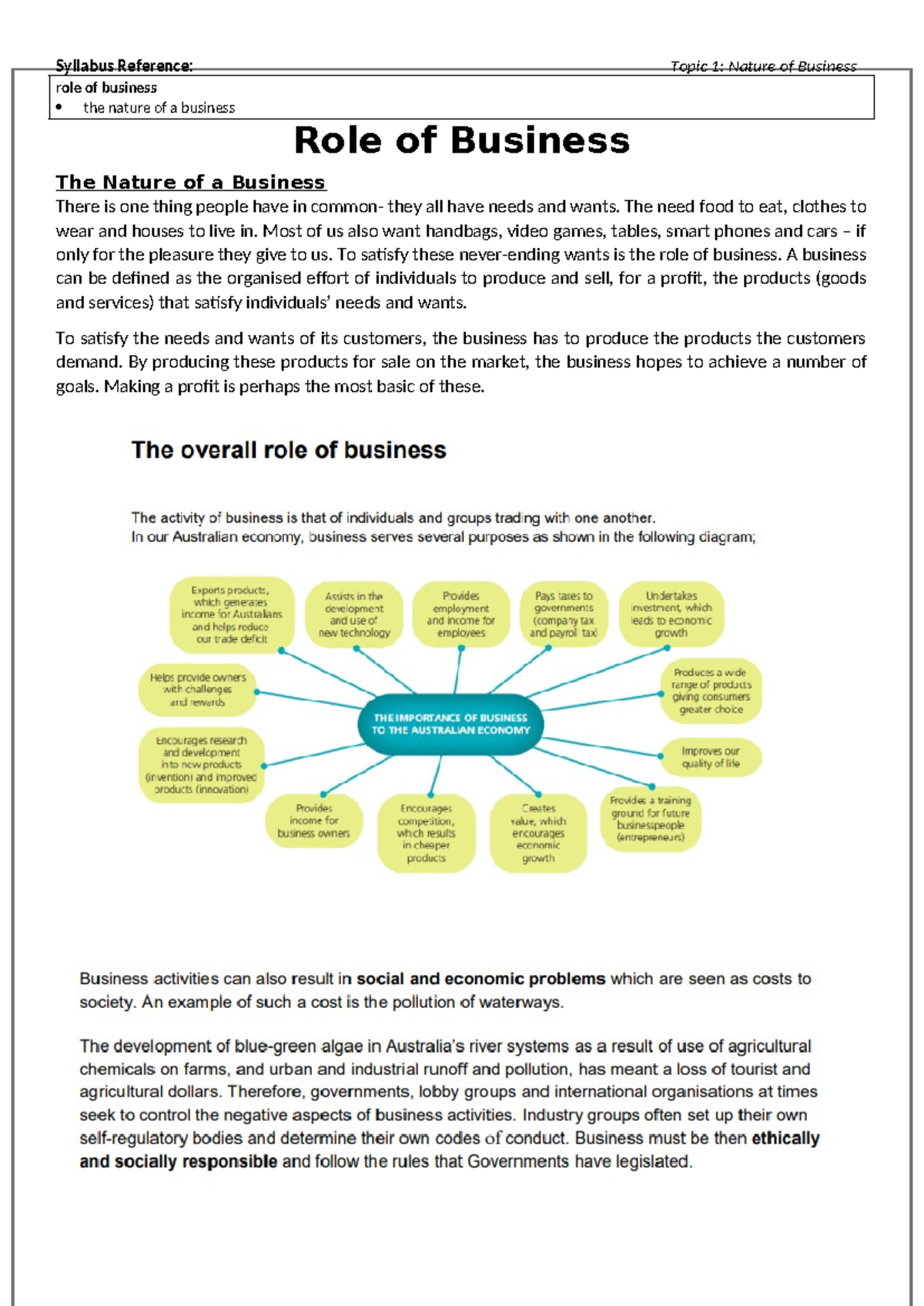 BUS 101: Role of Business - Nature and Functions Overview - Studocu