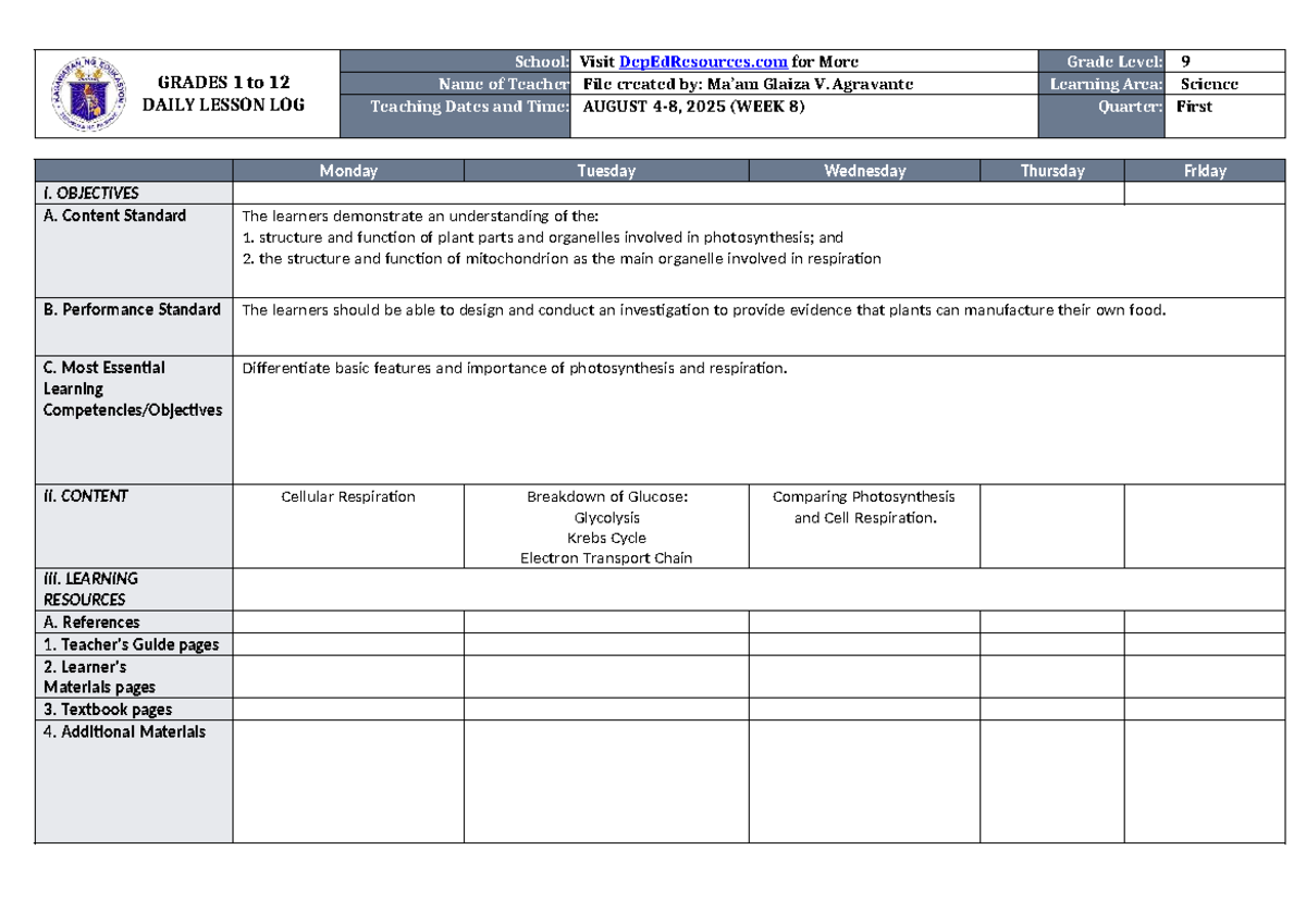 DLL Science 9 Q1 W8 - Daily Lesson Log on Photosynthesis & Respiration ...