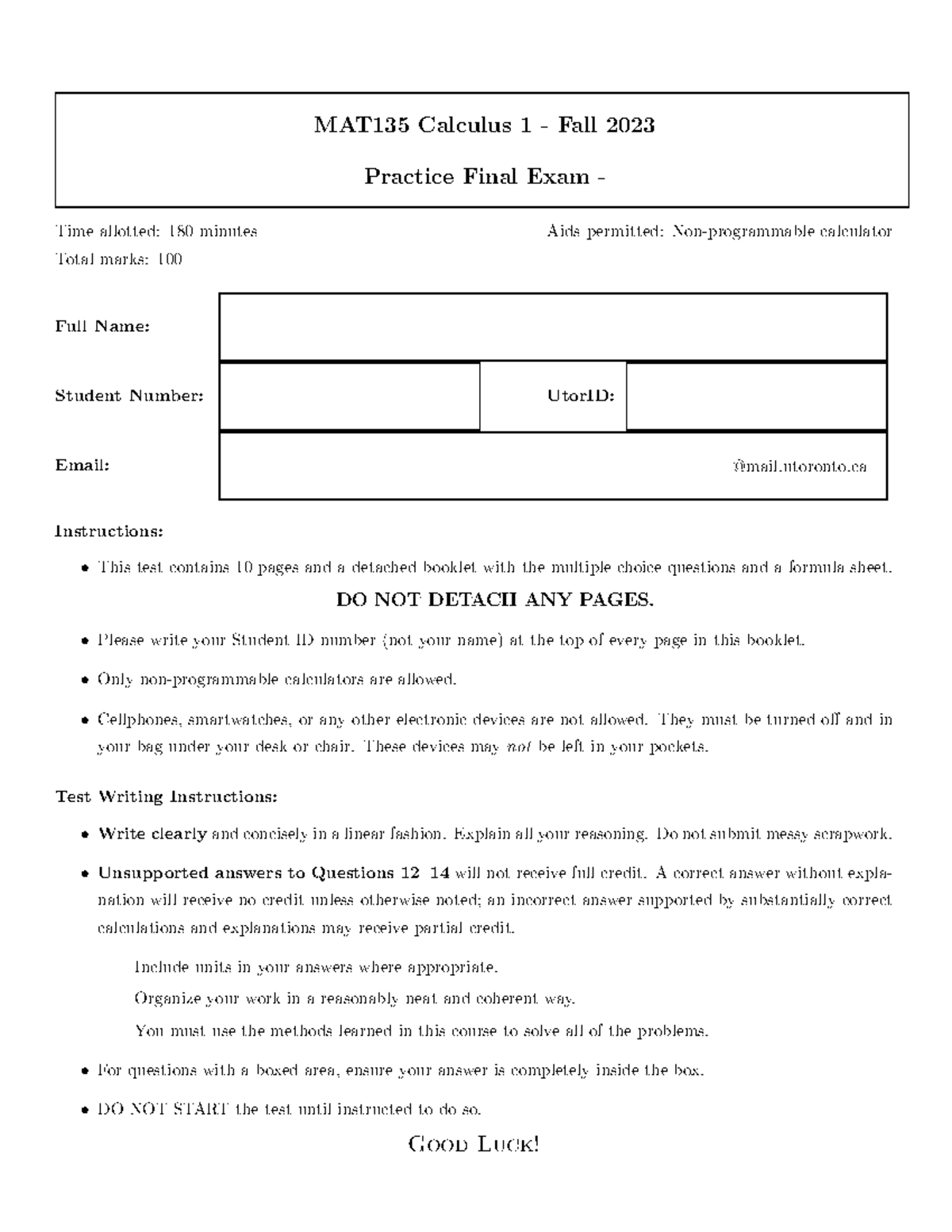 Math practice test - math pratice - MAT 135 Calculus 1 - Fall 2023 ...