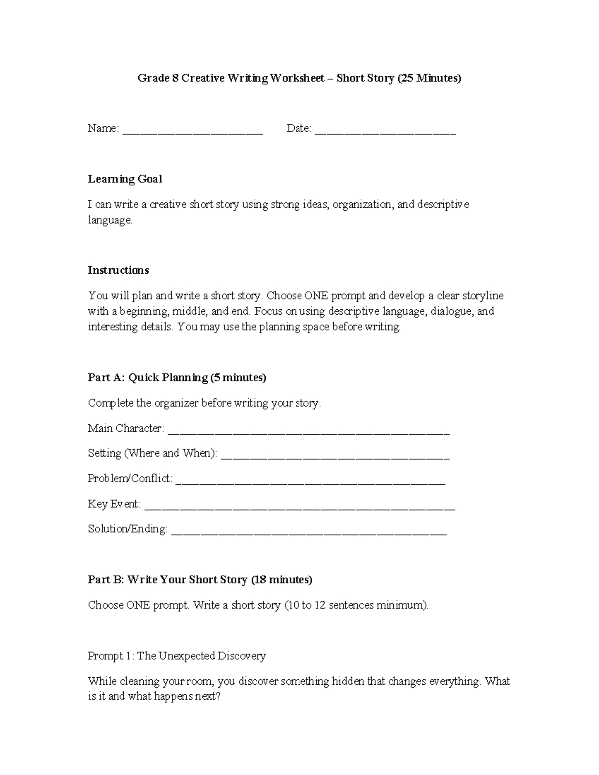 Grade 8 Creative Writing Worksheet: Short Story Prompts - Studocu
