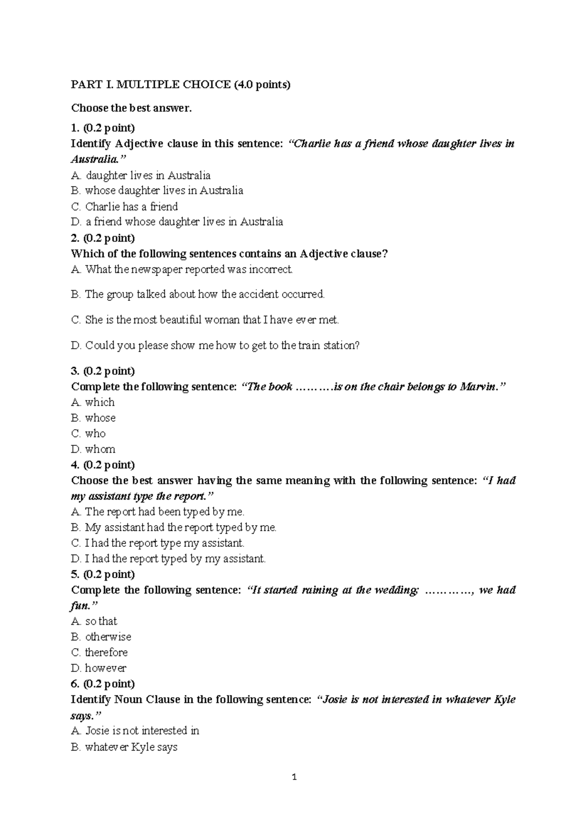 Nhóm-3 - Multiple Choice Questions on Adjective Clauses and More - Studocu