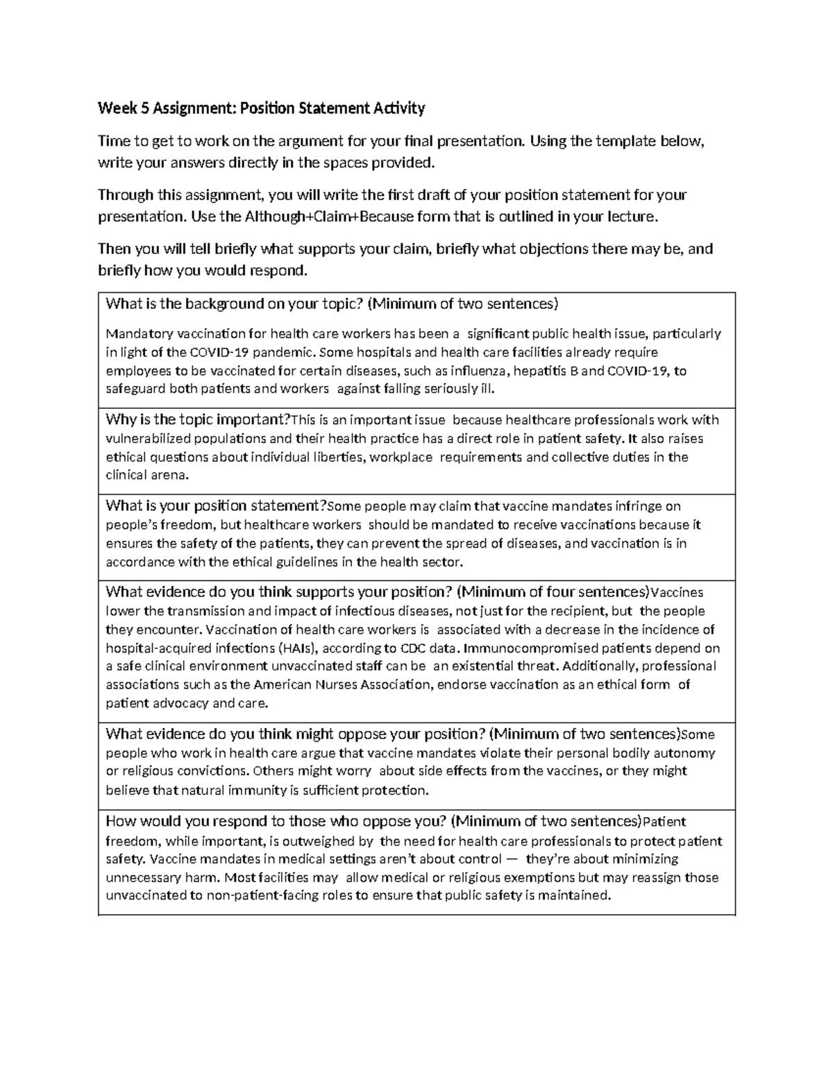 Week 5 Assignment: Position Statement on Mandatory Vaccination - Studocu