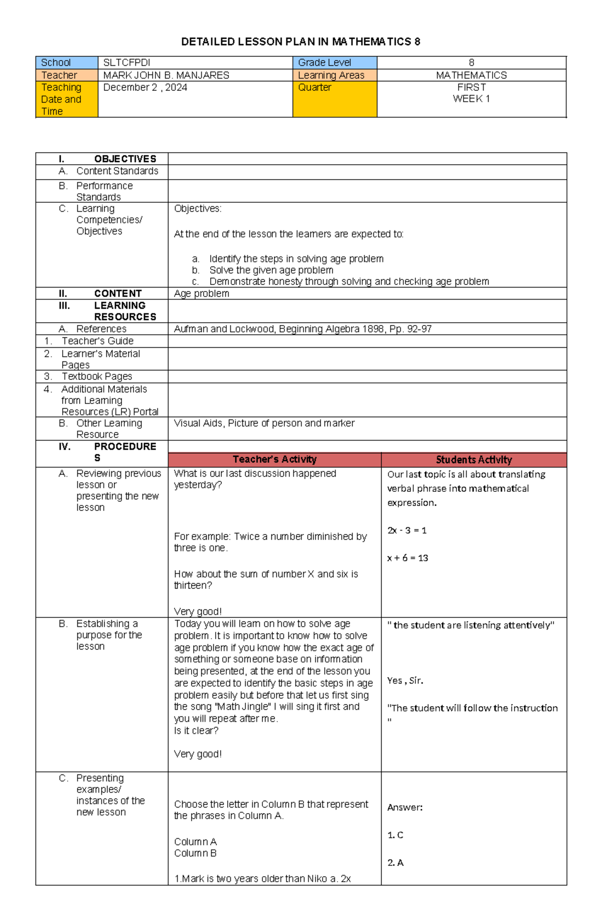 Mathematics 8 Lesson Plan: Solving Age Problems (LP-Dep Ed) - Studocu
