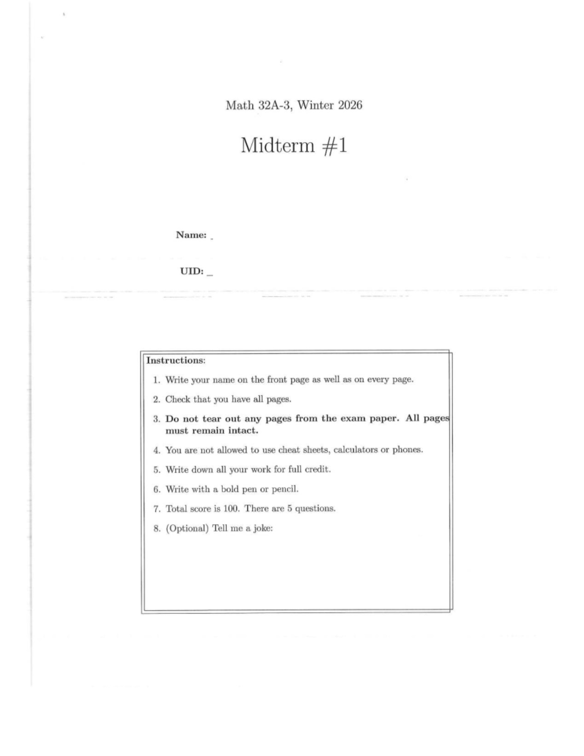 MATH 32A Winter 2026 Midterm Exam Instructions and Questions - Studocu