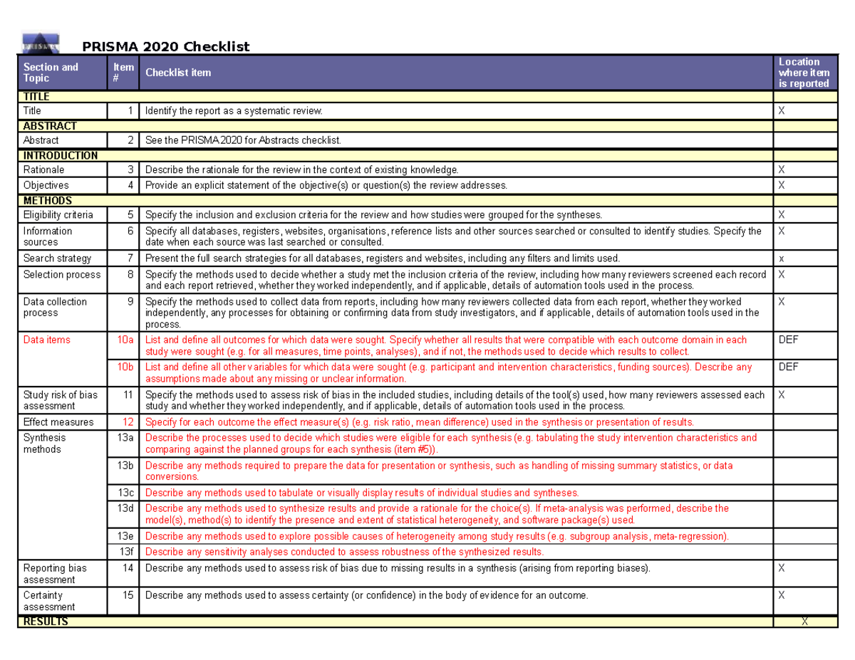 PRISMA 2020 Checklist for Systematic Reviews and Meta-Analyses - Studocu