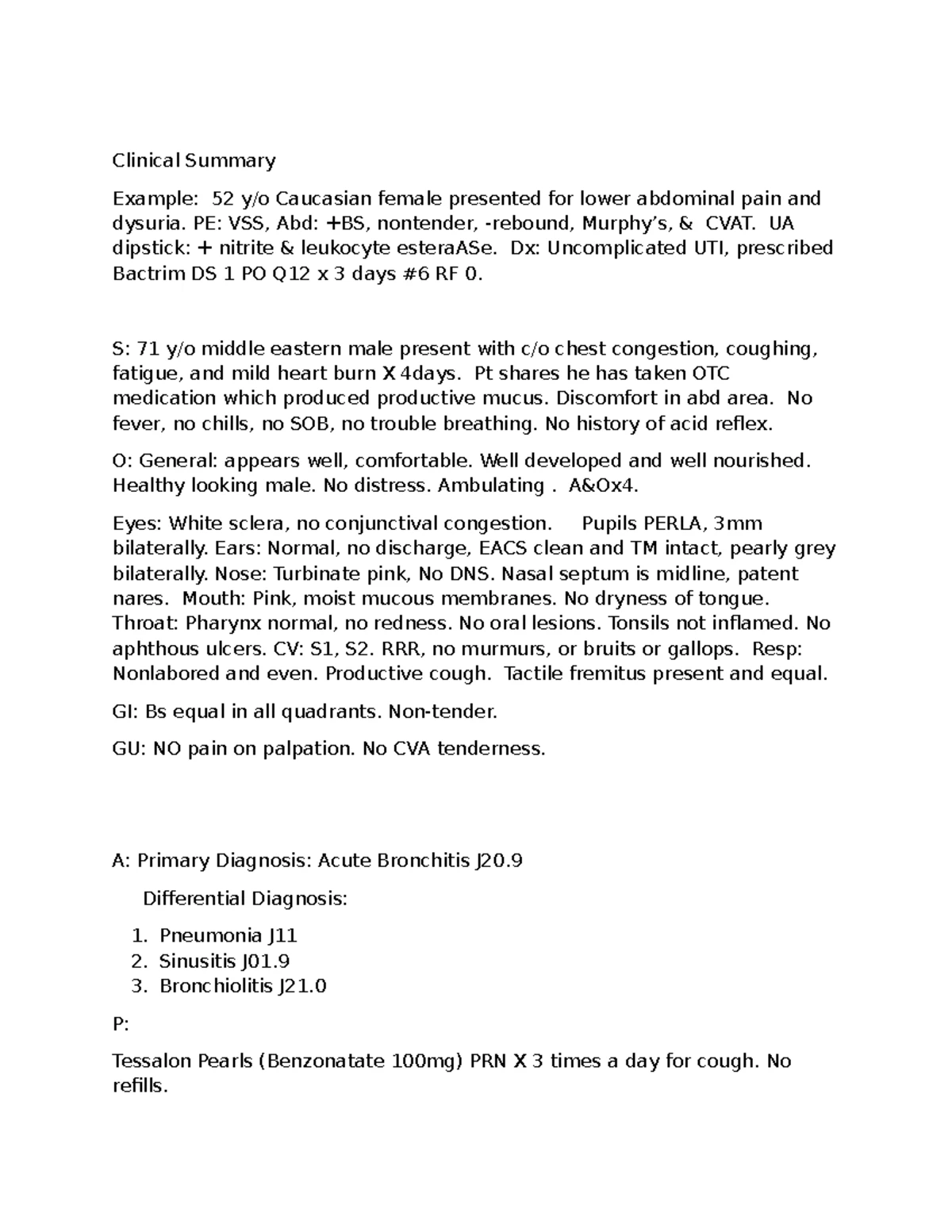 Sinus Infection SOAP Note - Acute Prostatitis Assessment & Plan - Studocu