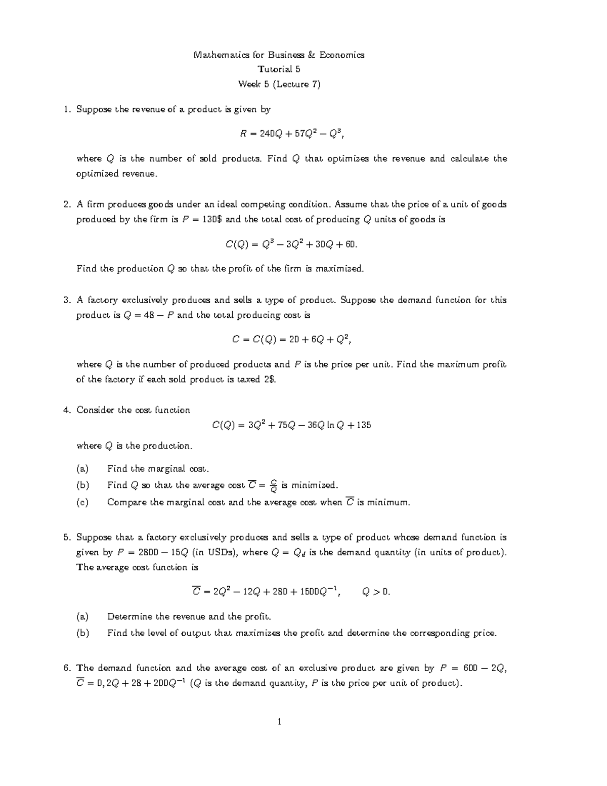 Mathematics for Business Economics Tutorial 5 (Lecture 7) Solutions ...