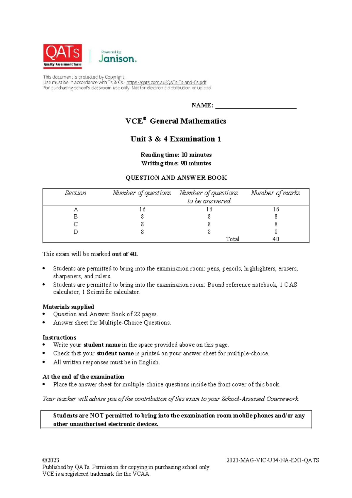 2023 VCE General Mathematics Units 3 & 4 Exam 1 QATs - Studocu