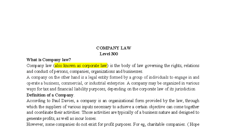 COMPANY LAW 300: Overview and Key Concepts in Corporate Law - Studocu