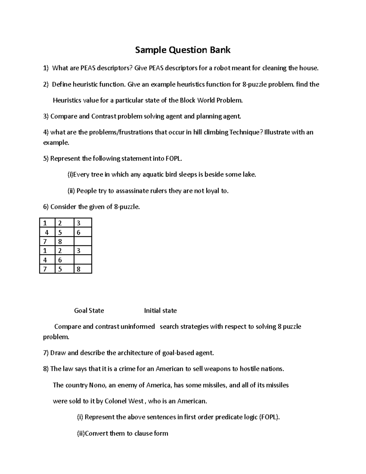 Sample Question Bank AI 22-23 - Sample Question Bank What are PEAS ...