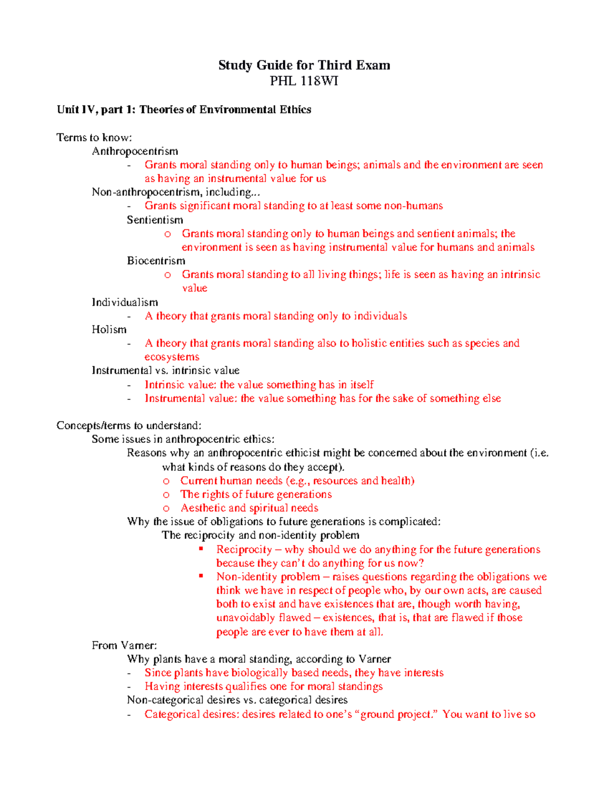 Final Exam Study Guide PHL 118WI: Environmental Ethics Overview - Studocu