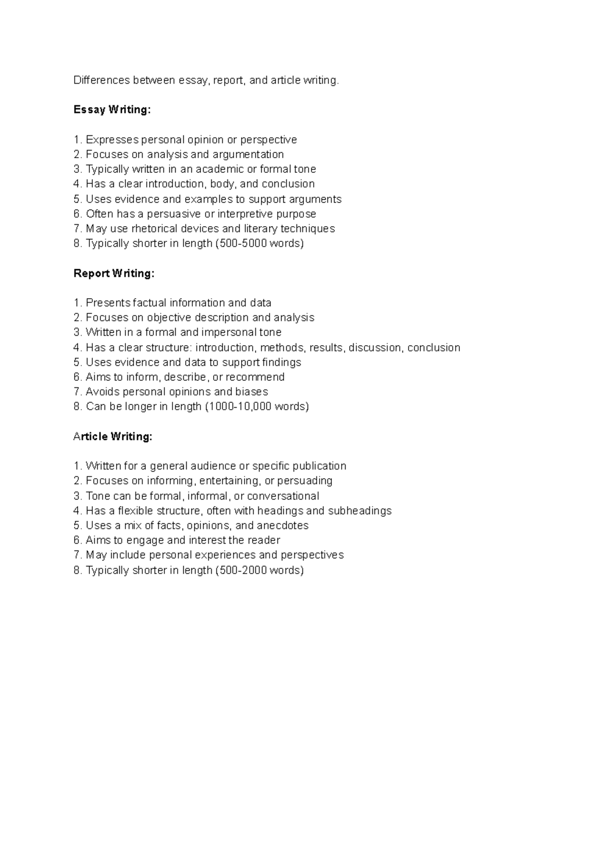 Differences in Essay, Report, and Article Writing Techniques - Studocu