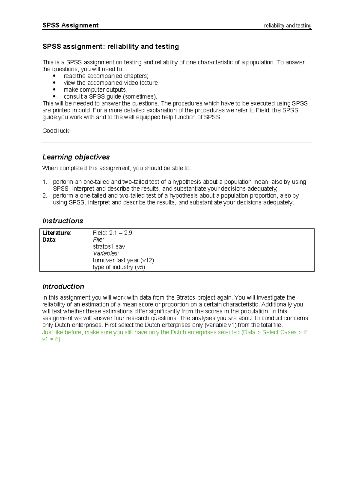 SPSS Assignment 3: Reliability and Testing of Population ...