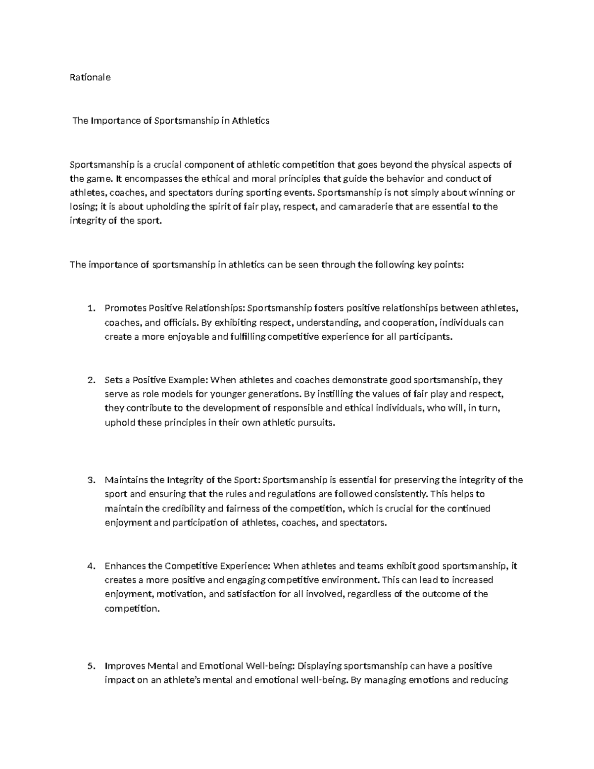 Concept Paper on Sportsmanship in Athletics: A Vital Discussion - Studocu