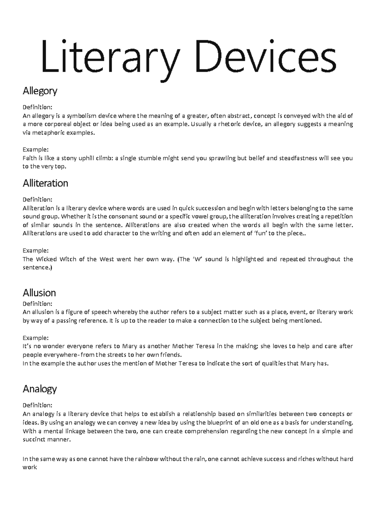 Literary Devices Overview: Definitions and Examples for Study - Studocu