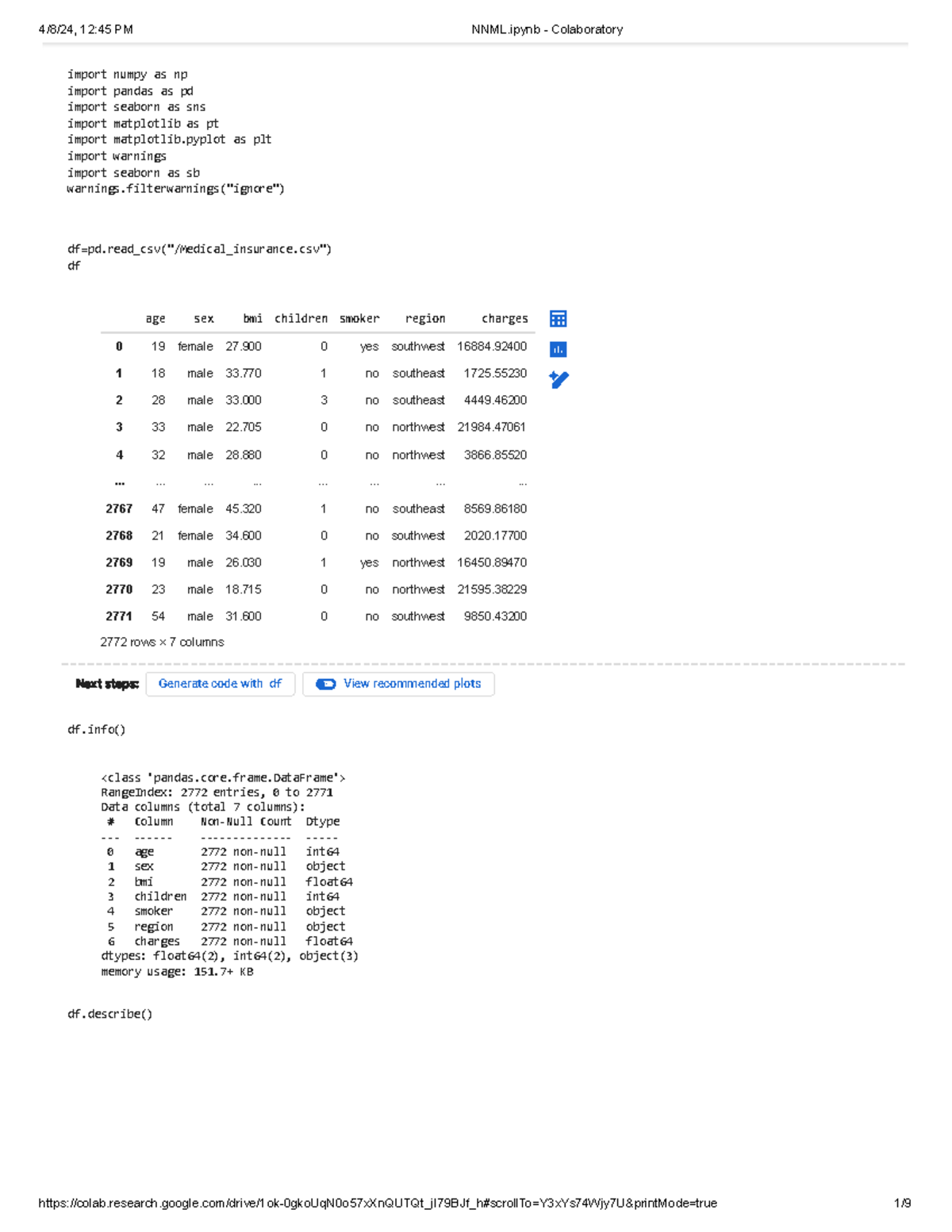 NNML - Medical Insurance Data Analysis & ML Regression Models - Studocu