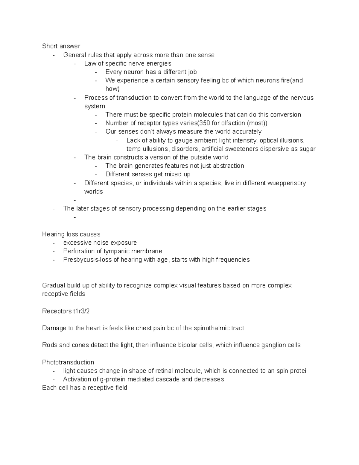 PSY 202 - Exam 2 Review: Sensory Processing and Transduction Principles ...