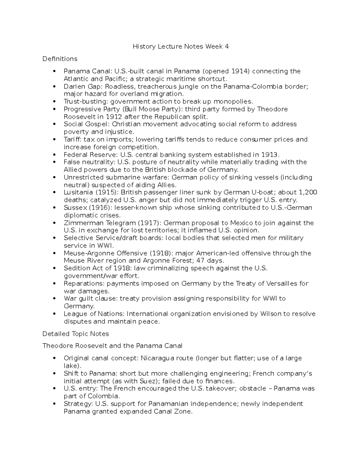 History Lecture Notes #4: Key Concepts and Events of WWI - Studocu