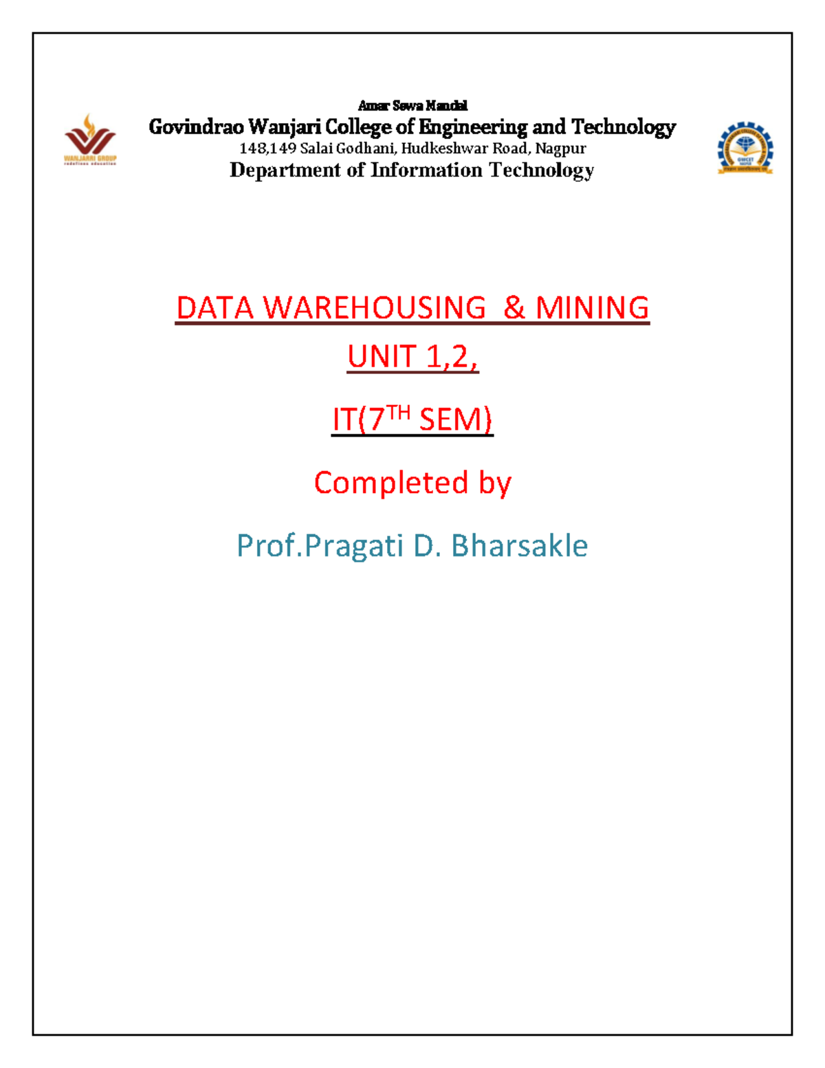 DATA Warehousing (IT TH Sem) - Practical Manual & Unit Insights - Studocu