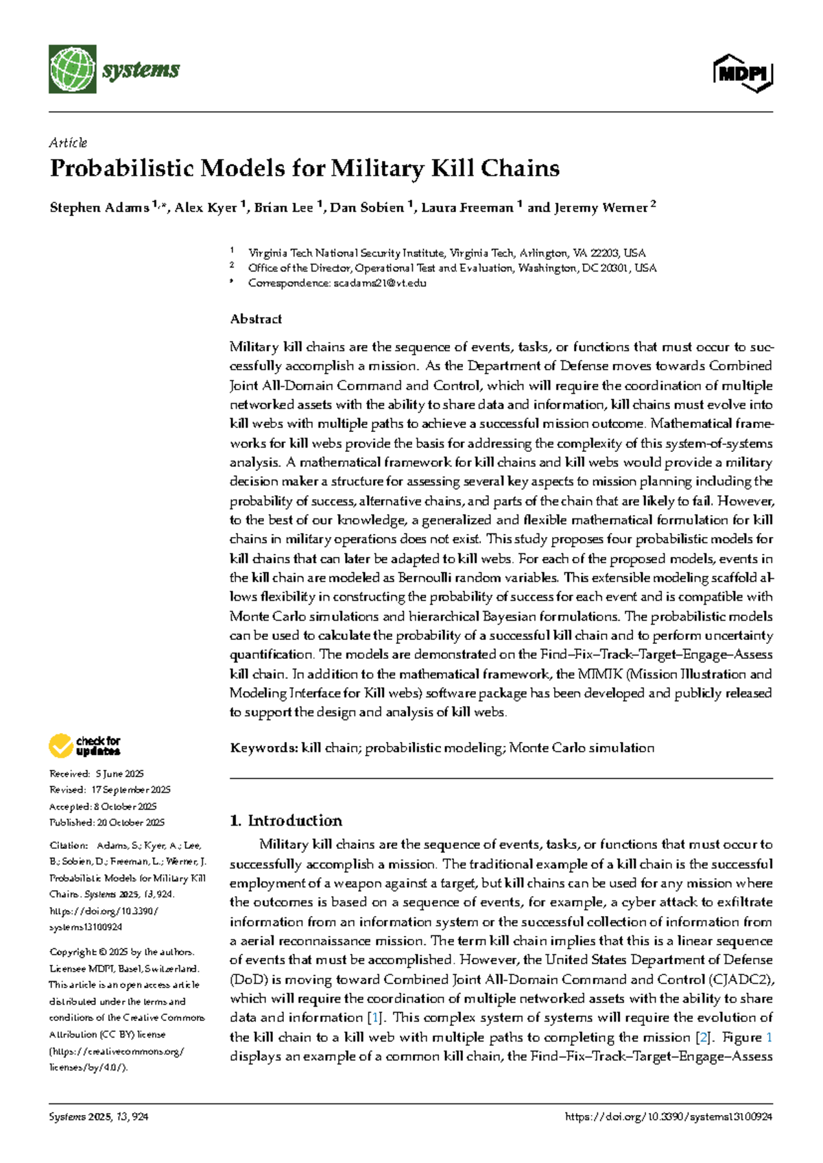 Probabilistic Models for Military Kill Chains (SYS 2025) - Studocu