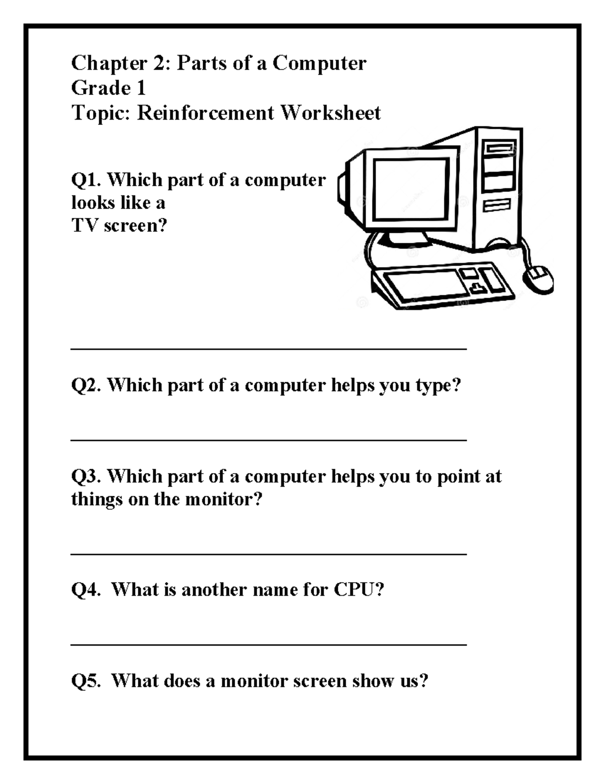 Grade 1 Reinforcement Worksheets: Computer Parts & Math Concepts - Studocu