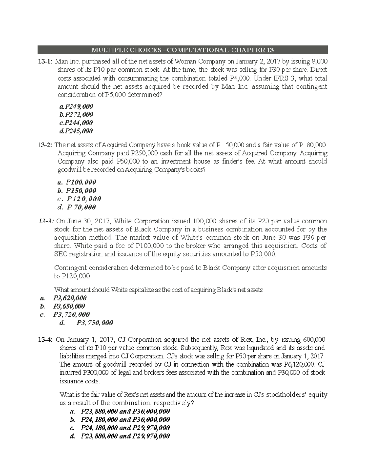 Chapter 13 MC-Problem Set: Acquisition & Goodwill Calculations - Studocu