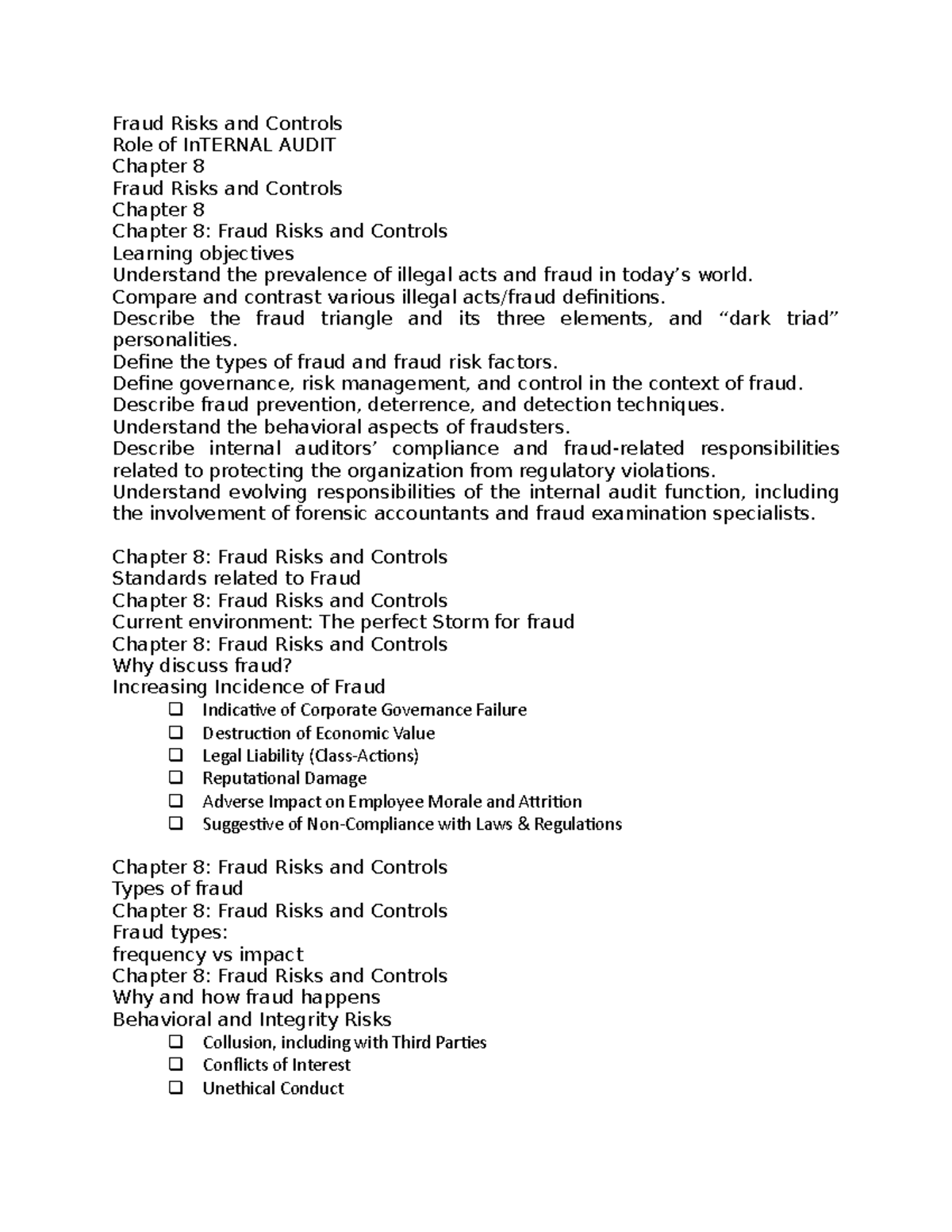 Chapter 8 Lecture Notes - Fraud Risks and Controls Role of InTERNAL ...