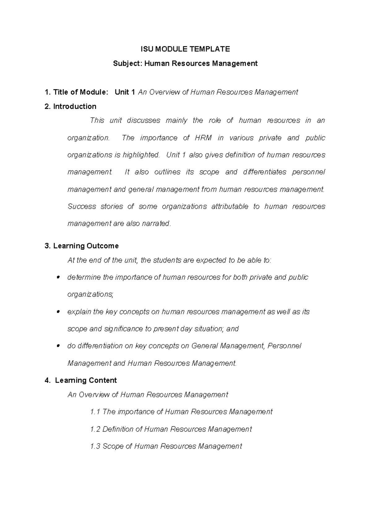 ISU HRM 101: Unit 1 - Overview of Human Resources Management - Studocu