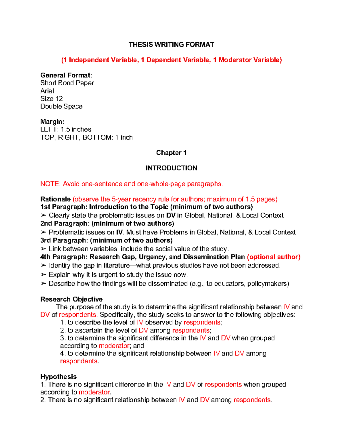 Thesis Outline: 1 IV, 1 DV, and Moderator Variable Format - Studocu