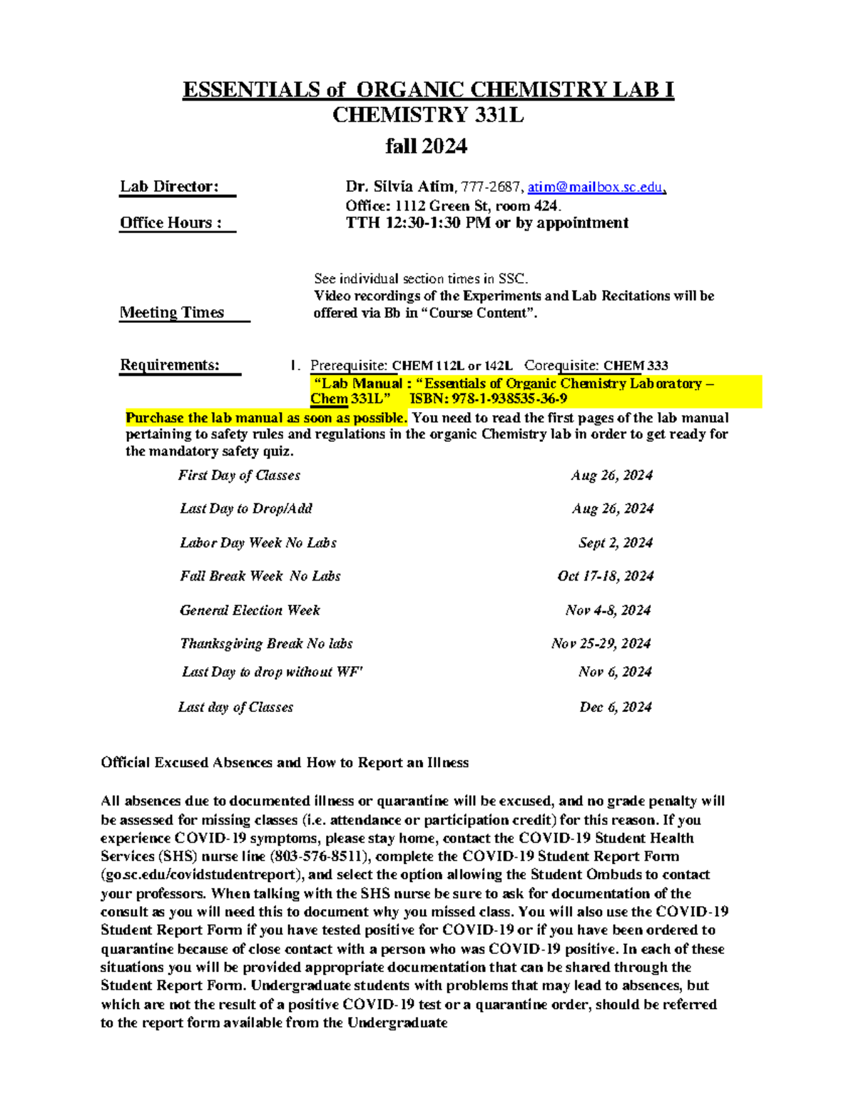 CHEM 331L Organic Chemistry Lab Syllabus for Fall 2024 - Studocu