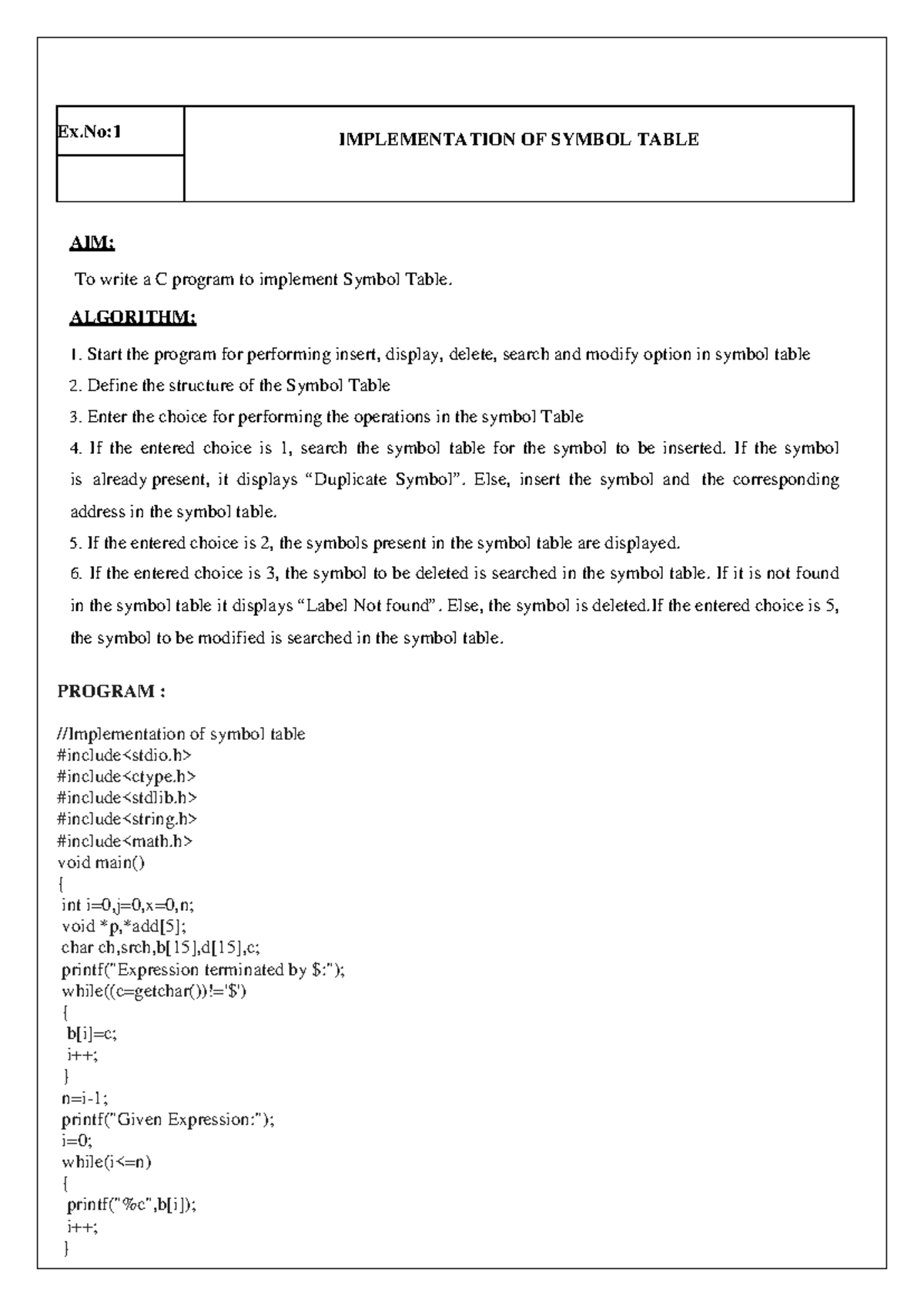 Record-CD Final Record with output - AIM: To write a C program to ...