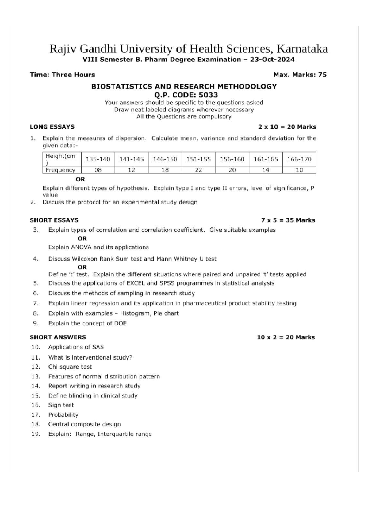 B. Pharm Sem 2 Biostatistics & Research Methodology Exam Q.P. 5033 ...