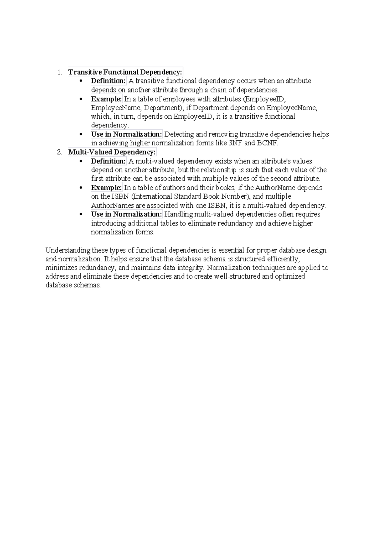 Transitive Functional Dependency & Normalization Concepts - Studocu