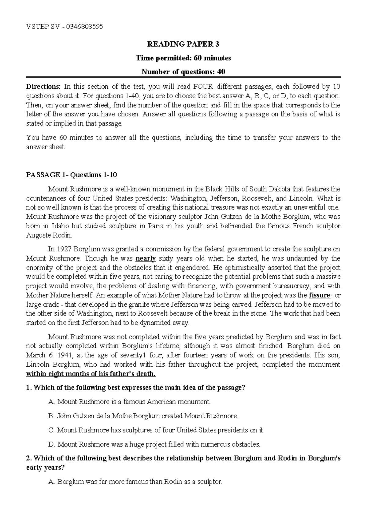 VSTEP SV 0346808595 READING PAPER 3: Comprehensive Test Guide - Studocu