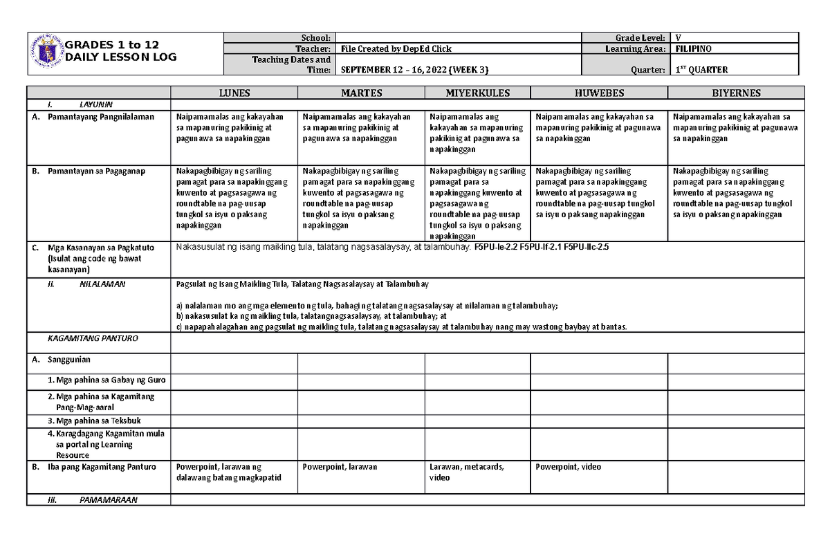 DLL Filipino 5 Q1 W3 - Daily Lesson Log for Week 3 - Studocu