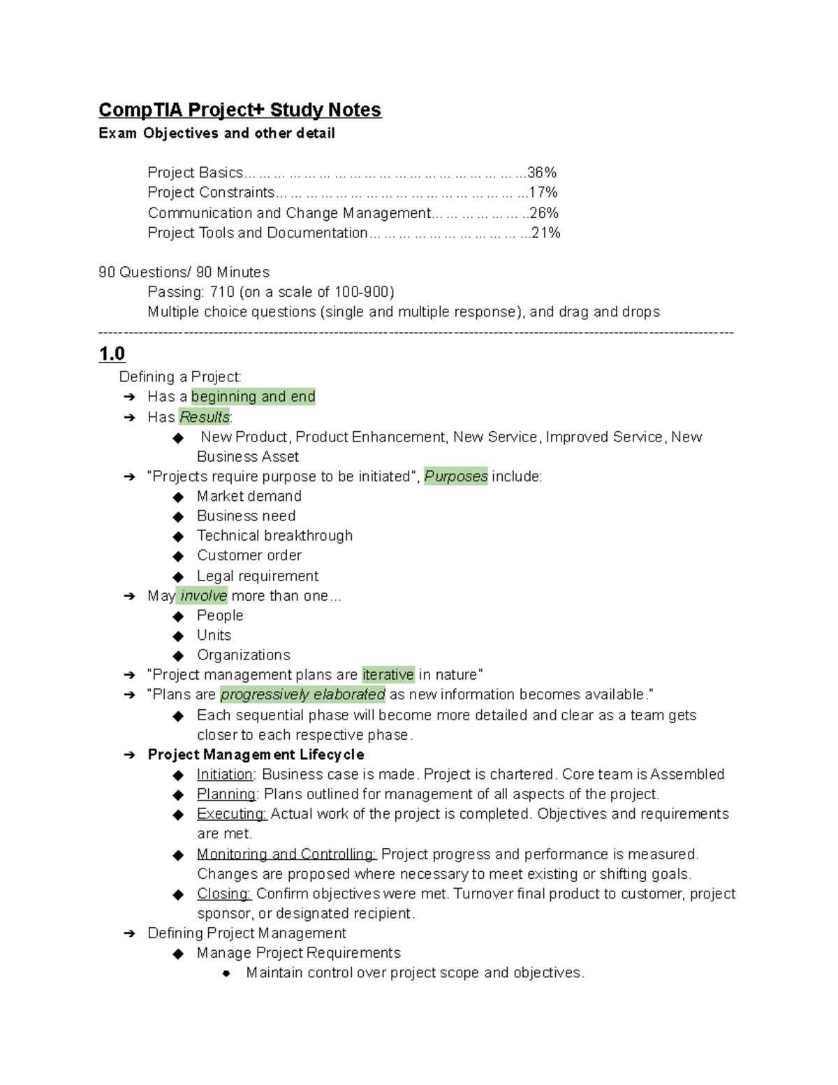 CompTIA Project+ Study Notes: Key Concepts and Exam Prep Guide - Studocu