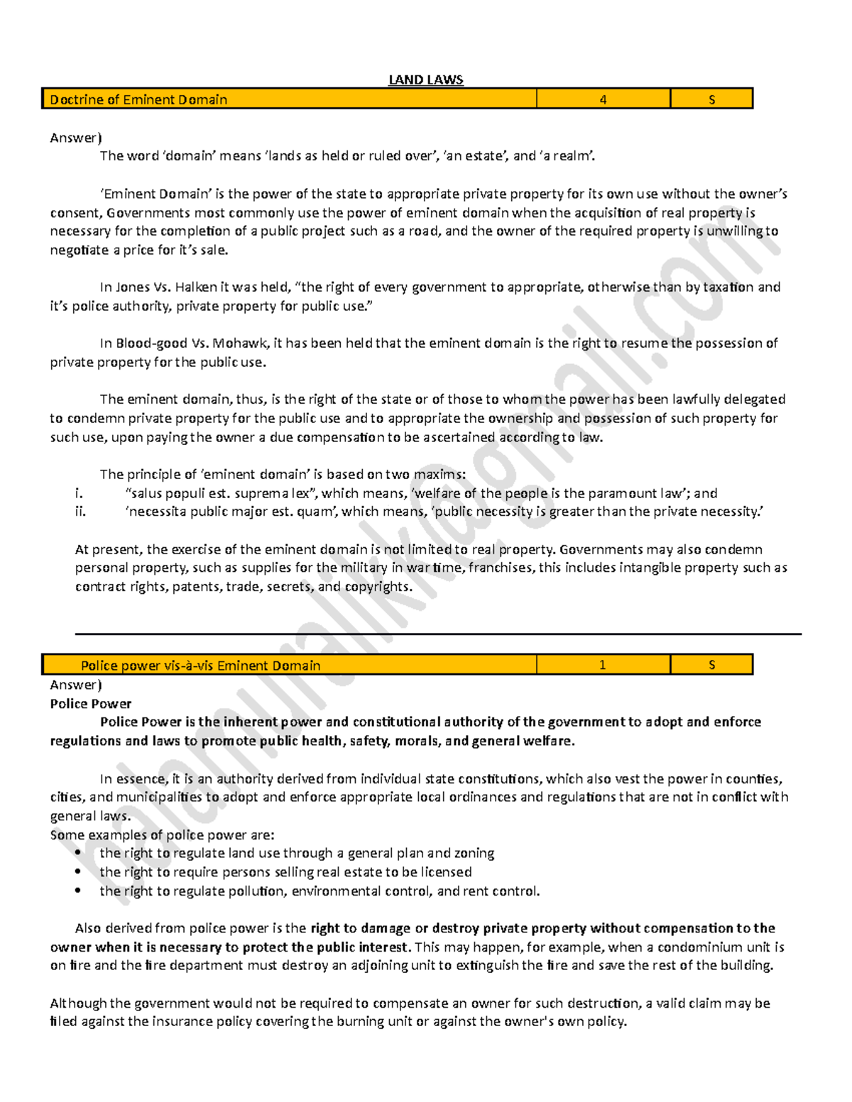 Land Laws - 3YDC - 4th Sem - LAND LAWS Doctrine of Eminent Domain 4 S ...