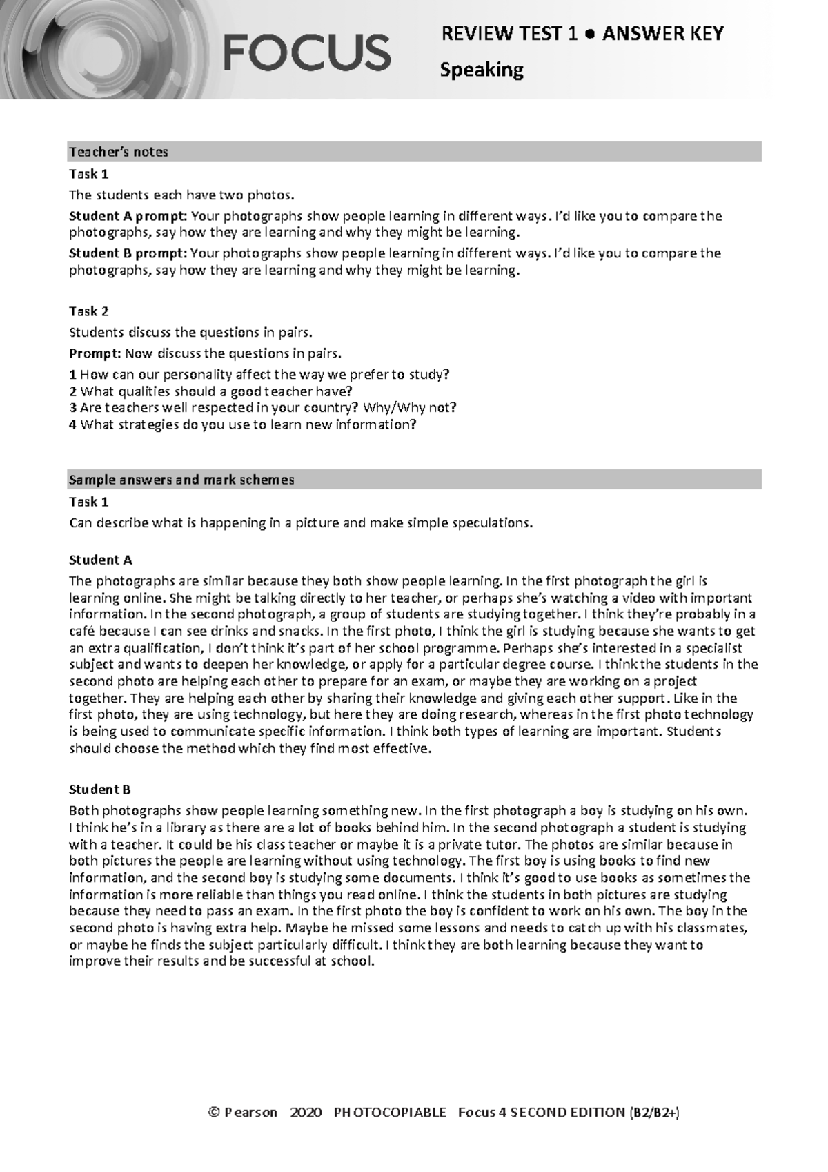 Focus 4 2E Review Test 1 Units 1-2 Speaking Answers & Mark Scheme - Studocu