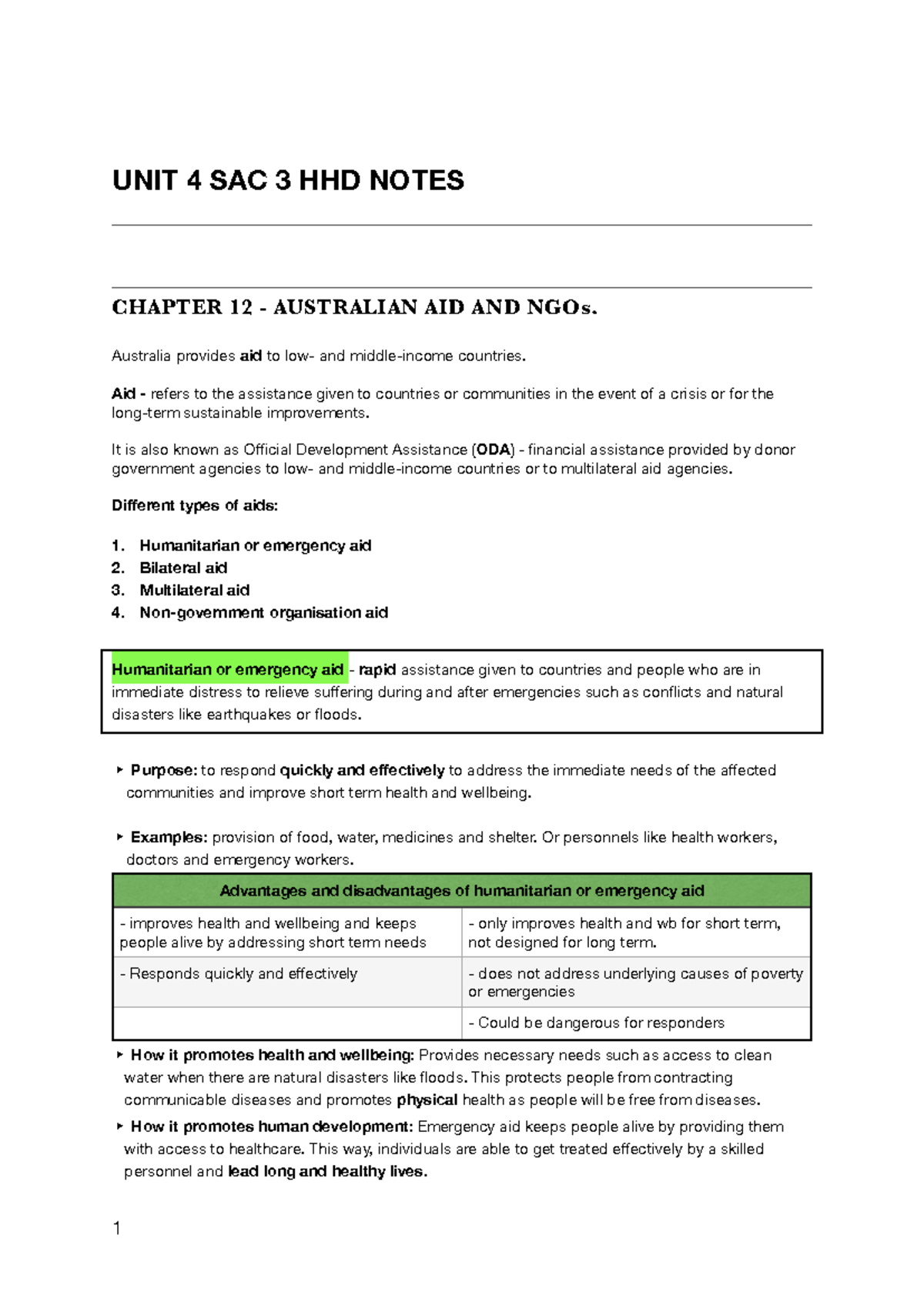 Unit 4 Notes AOS 2 - UNIT 4 SAC 3 HHD NOTES CHAPTER 12 - AUSTRALIAN AID ...