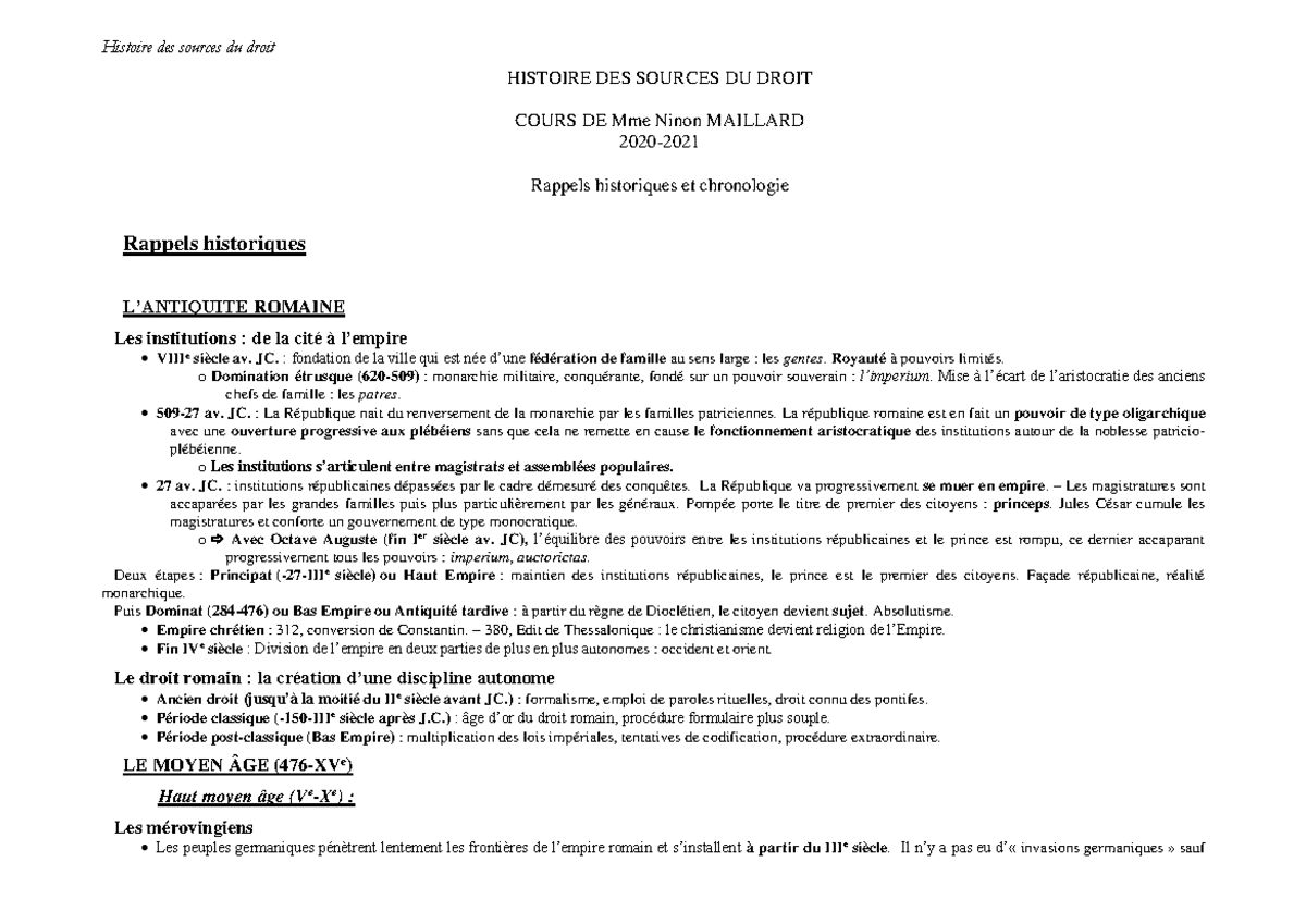 HISTOIRE DES SOURCES DU DROIT - Cours 2020-2021 - Studocu
