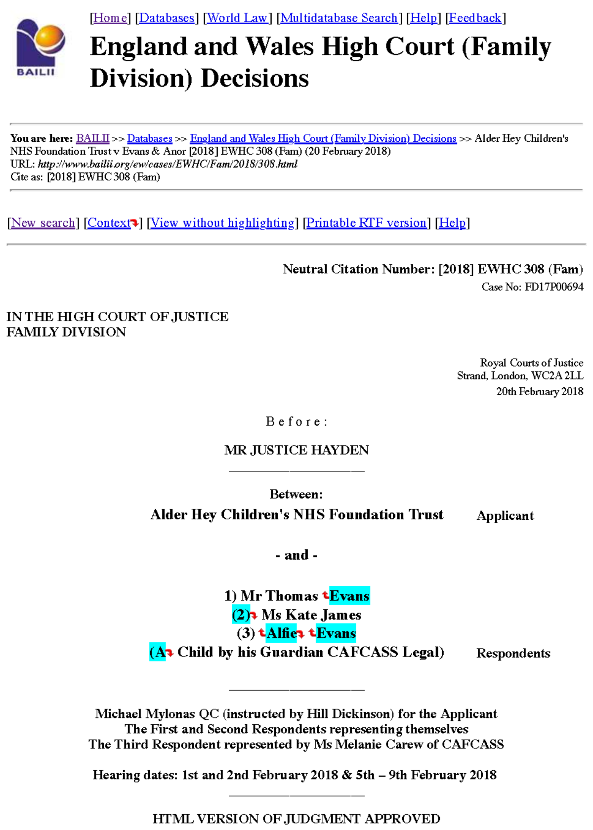 Alder Hey NHS Trust v Evans: EWHC 308 (Fam) Family Court Decision ...