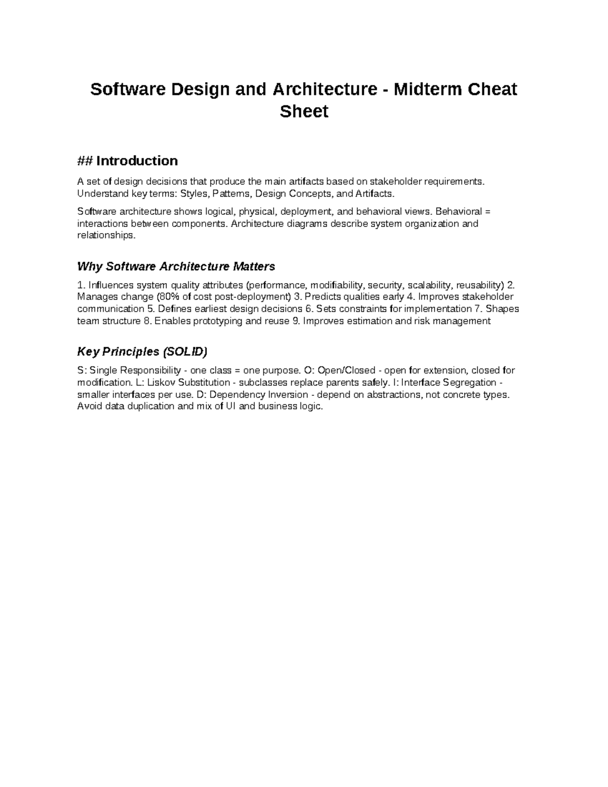 Software Design and Architecture Midterm Cheat Sheet - Studocu