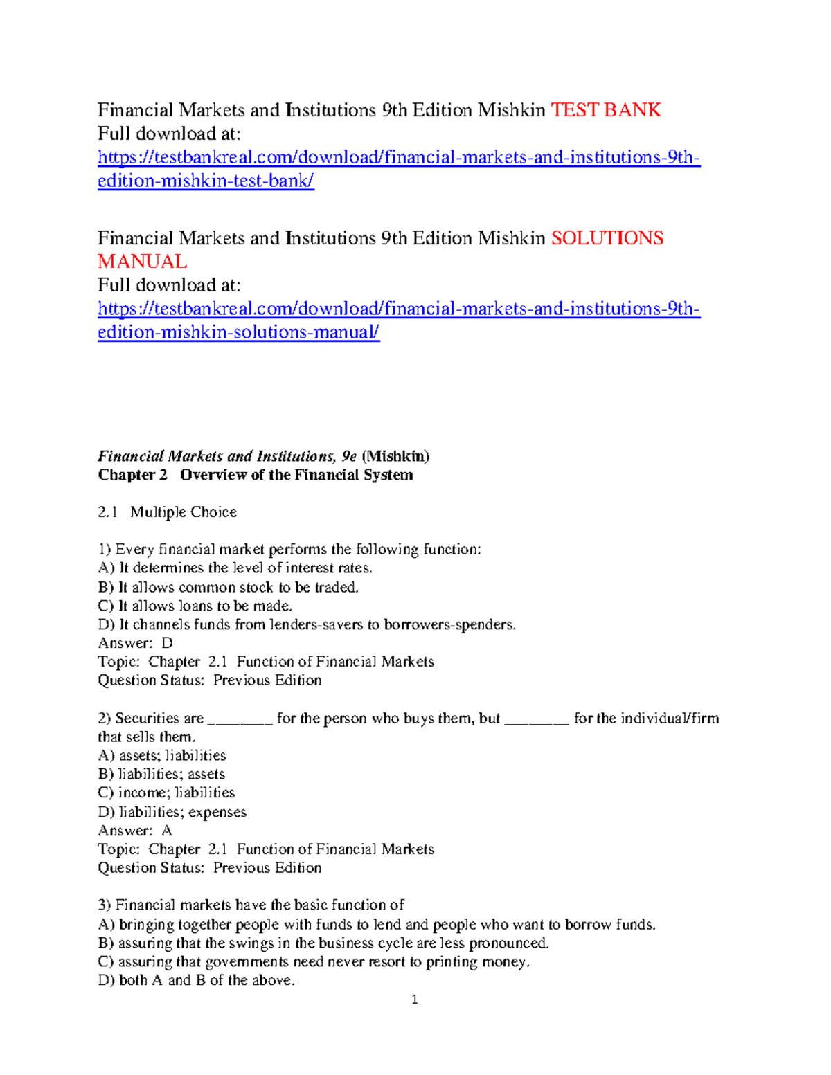 Financial Markets and Institutions 9th Edition Mishkin TEST BANK Exam ...