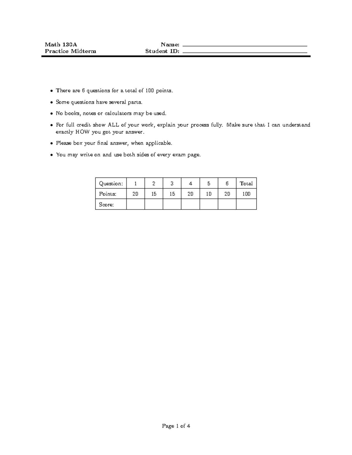 Math 130A Midterm Practice Exam with Probability Questions - Studocu