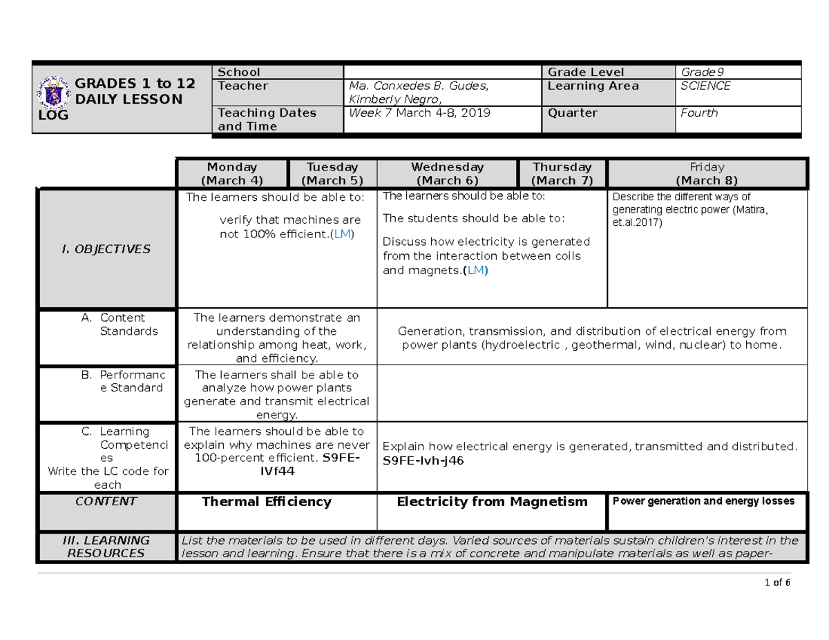 DLL - Daily Lesson Log for Grade 9 Science (Week 7) - Studocu