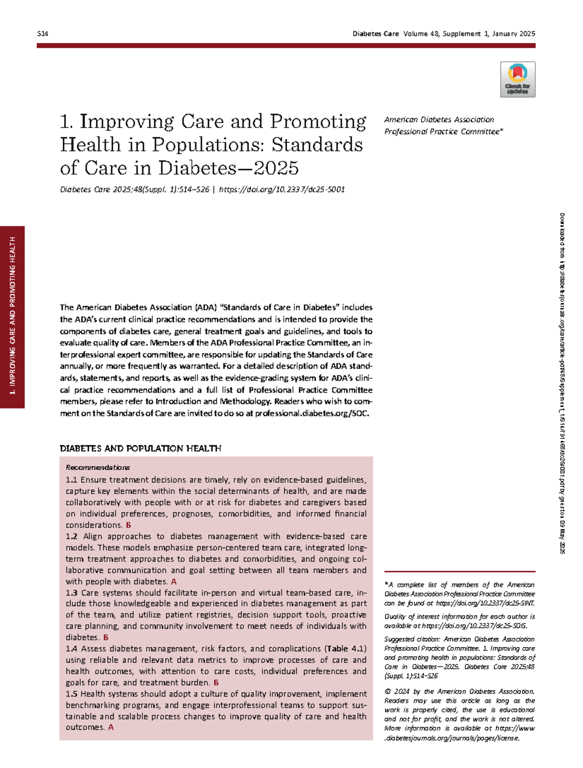 Standards of Care in Diabetes - 2025: Improving Health in Populations ...