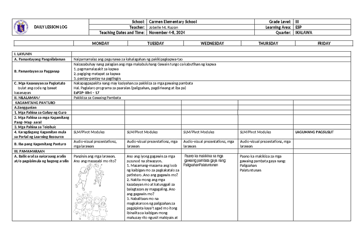 Q2 ESP 3 DLL Week 7 - Lesson Log for Grade 3 - Studocu